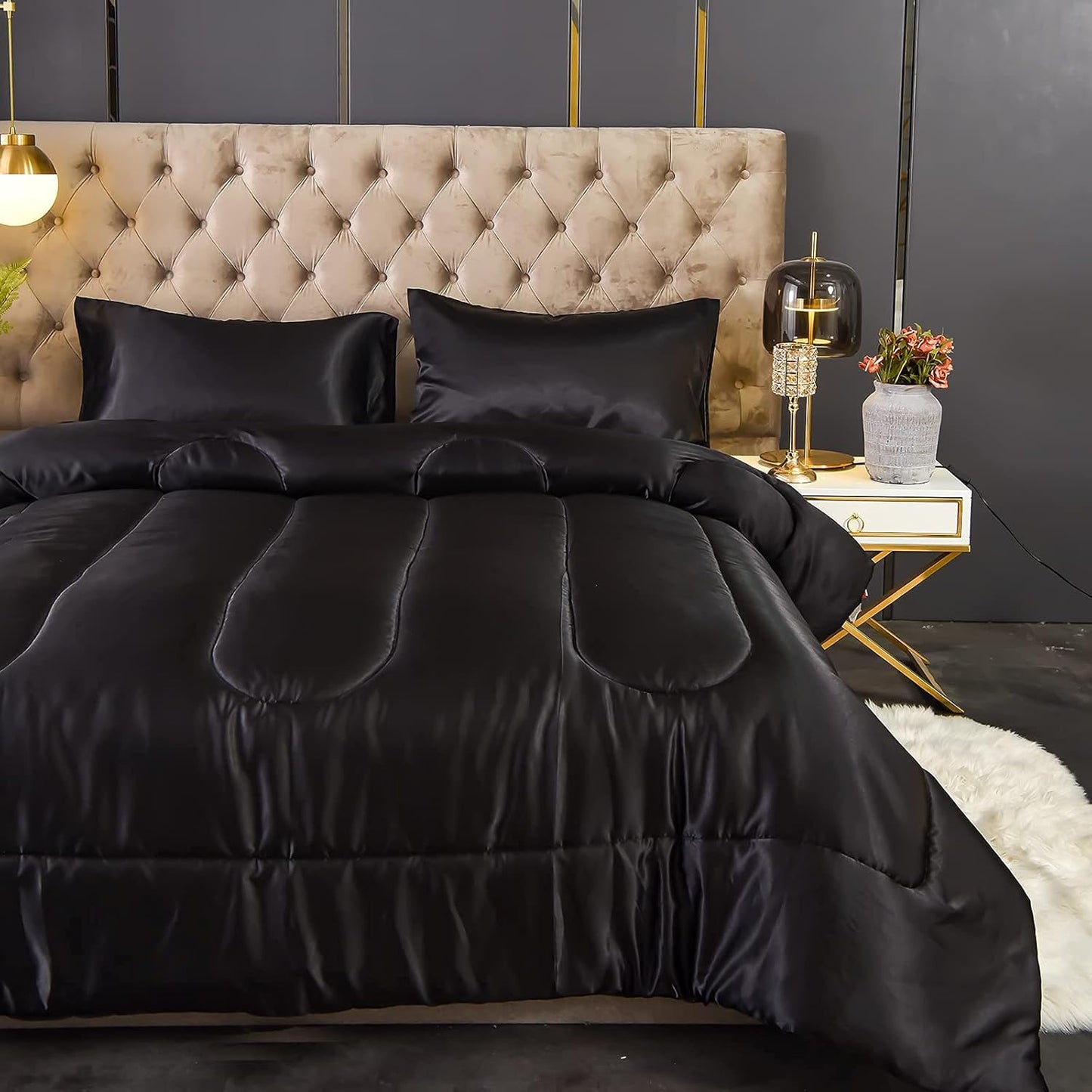 Sacred SlumberTM Silk Satin Comforter Set- Black Queen Set for Elevated Rest