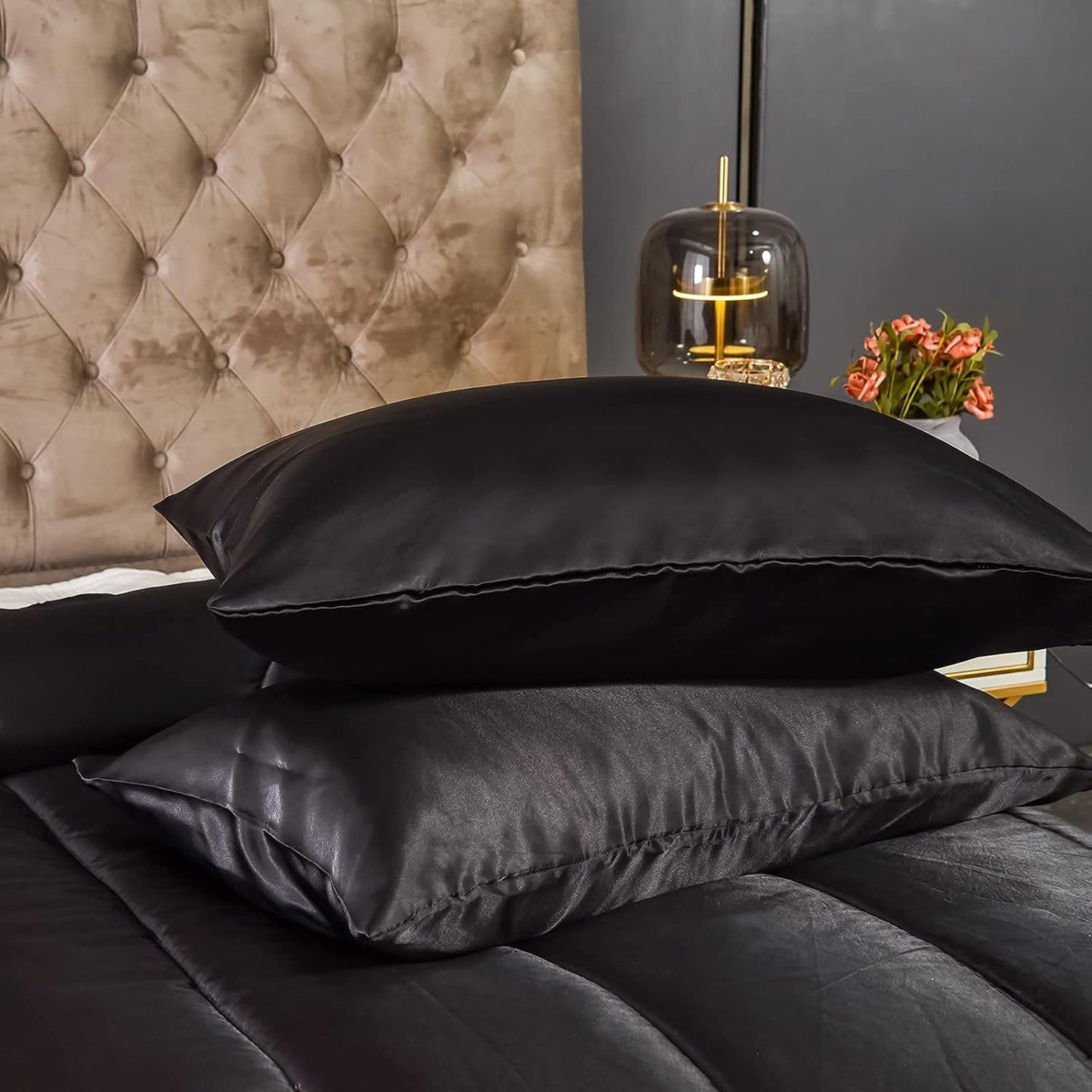 Sacred SlumberTM Silk Satin Comforter Set- Black Queen Set for Elevated Rest