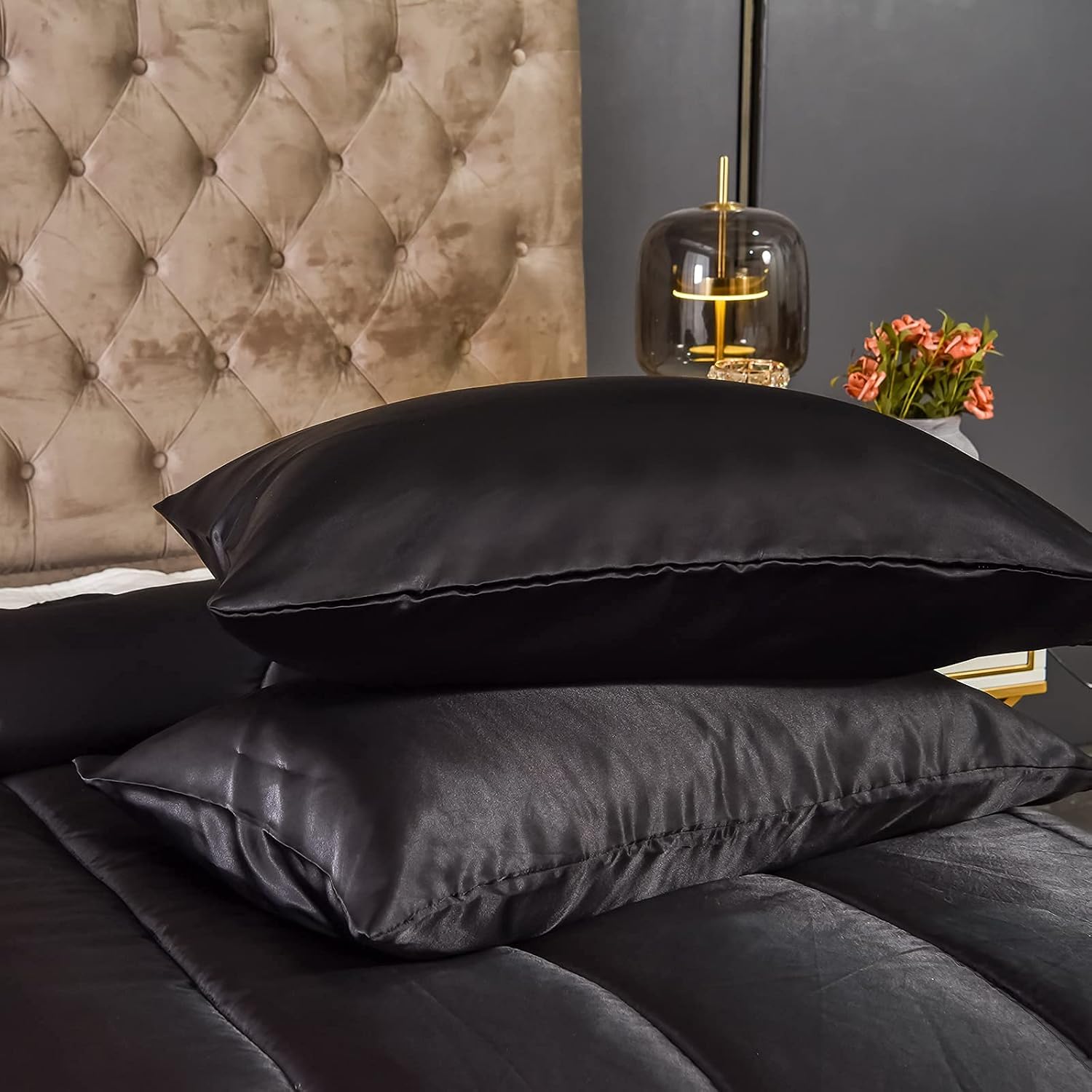 Sacred SlumberTM Silk Satin Comforter Set- Black Queen Set for Elevated Rest