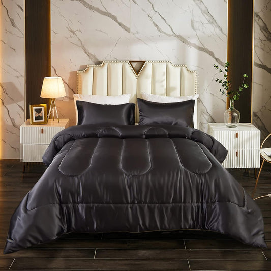 Sacred SlumberTM Silk Satin Comforter Set- Black Queen Set for Elevated Rest
