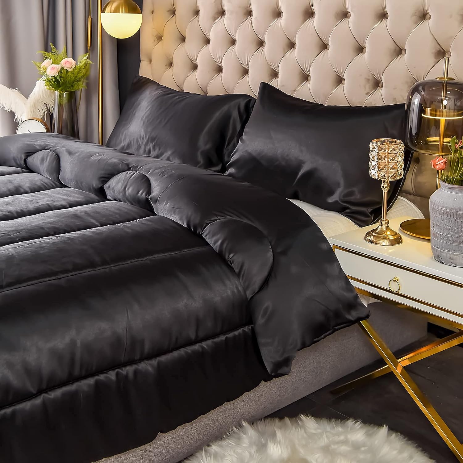 Sacred SlumberTM Silk Satin Comforter Set- Black Queen Set for Elevated Rest