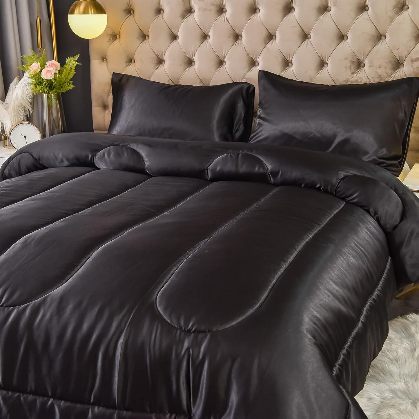 Sacred SlumberTM Silk Satin Comforter Set- Black Queen Set for Elevated Rest