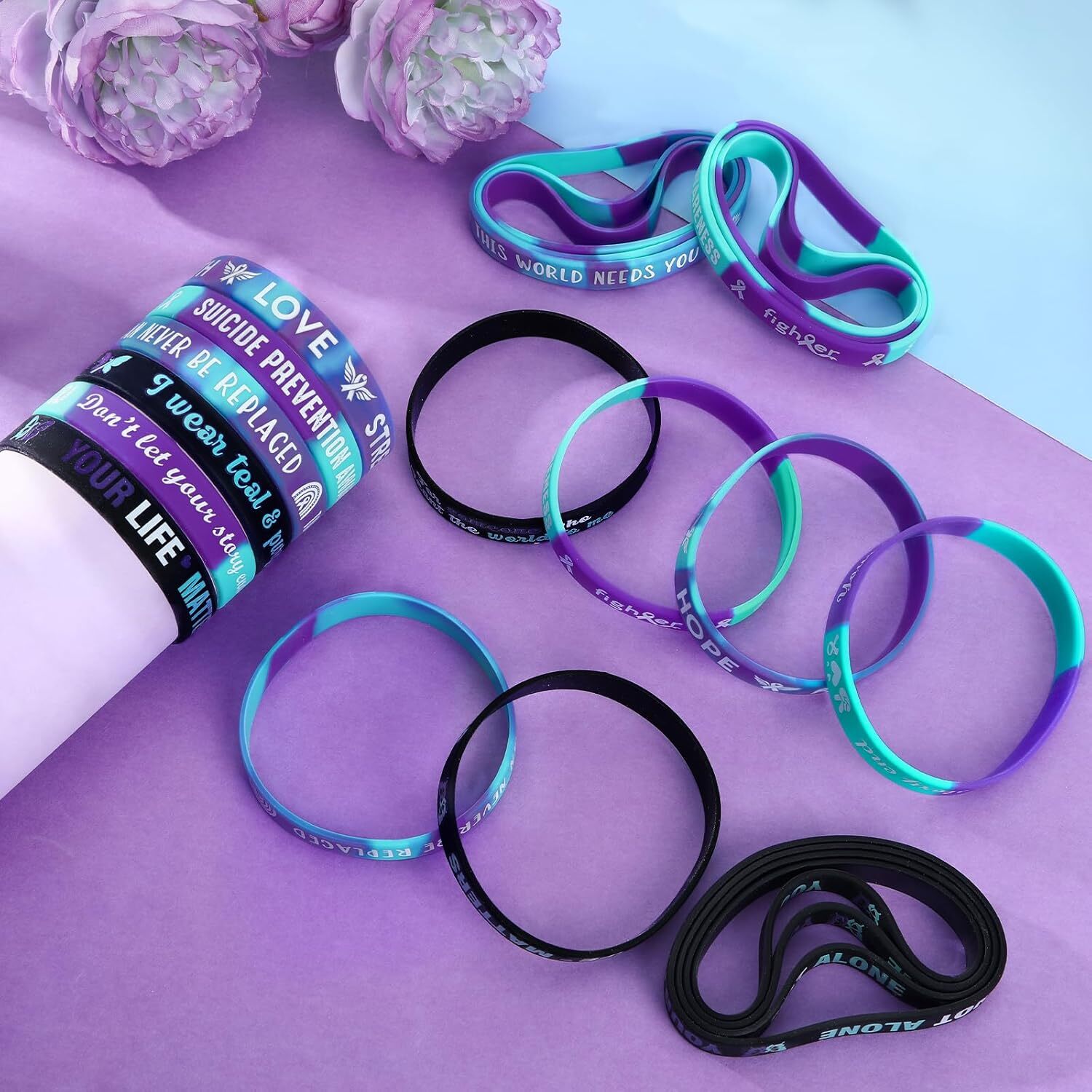 Sacred Strength Awareness Bracelets – 42-Piece Set for Suicide Prevention, Hope & Healing (Purple & Teal)