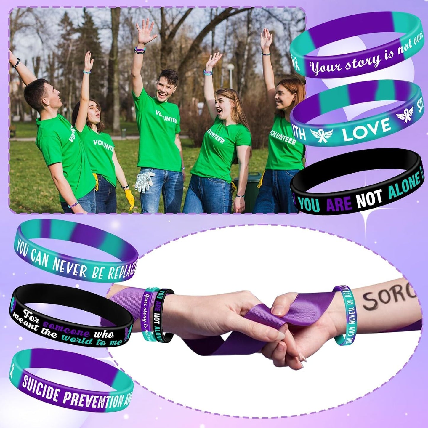 Sacred Strength Awareness Bracelets – 42-Piece Set for Suicide Prevention, Hope & Healing (Purple & Teal)